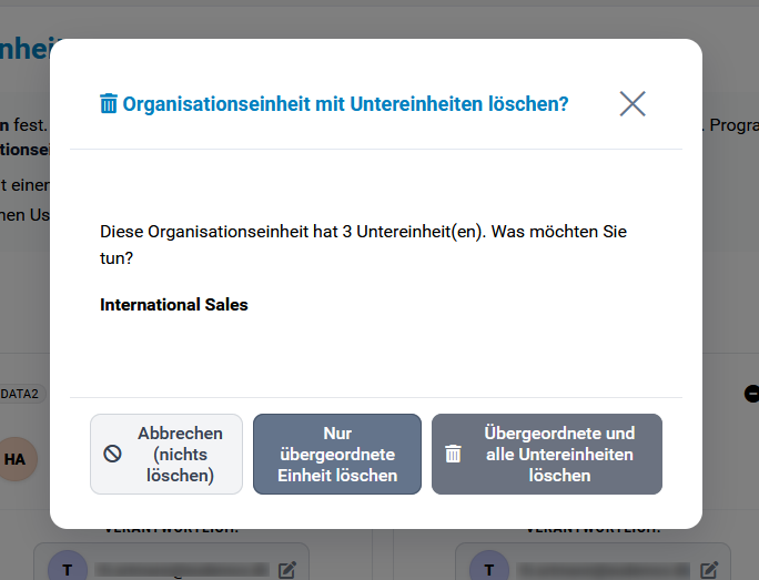Löschoptionen für Organisationseinheiten